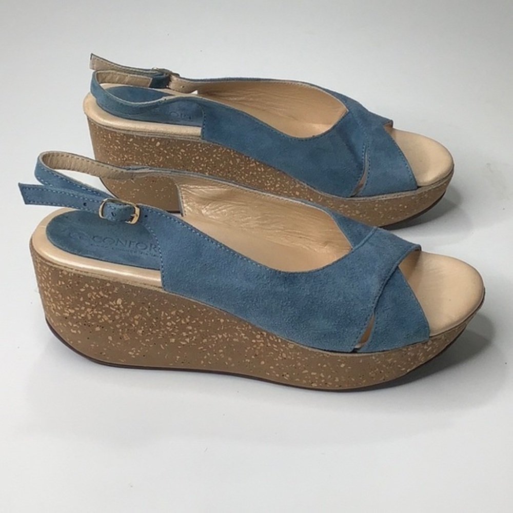 Comfort Pelle blue suede Italian slingback open toes cork wedge size 9 EUC